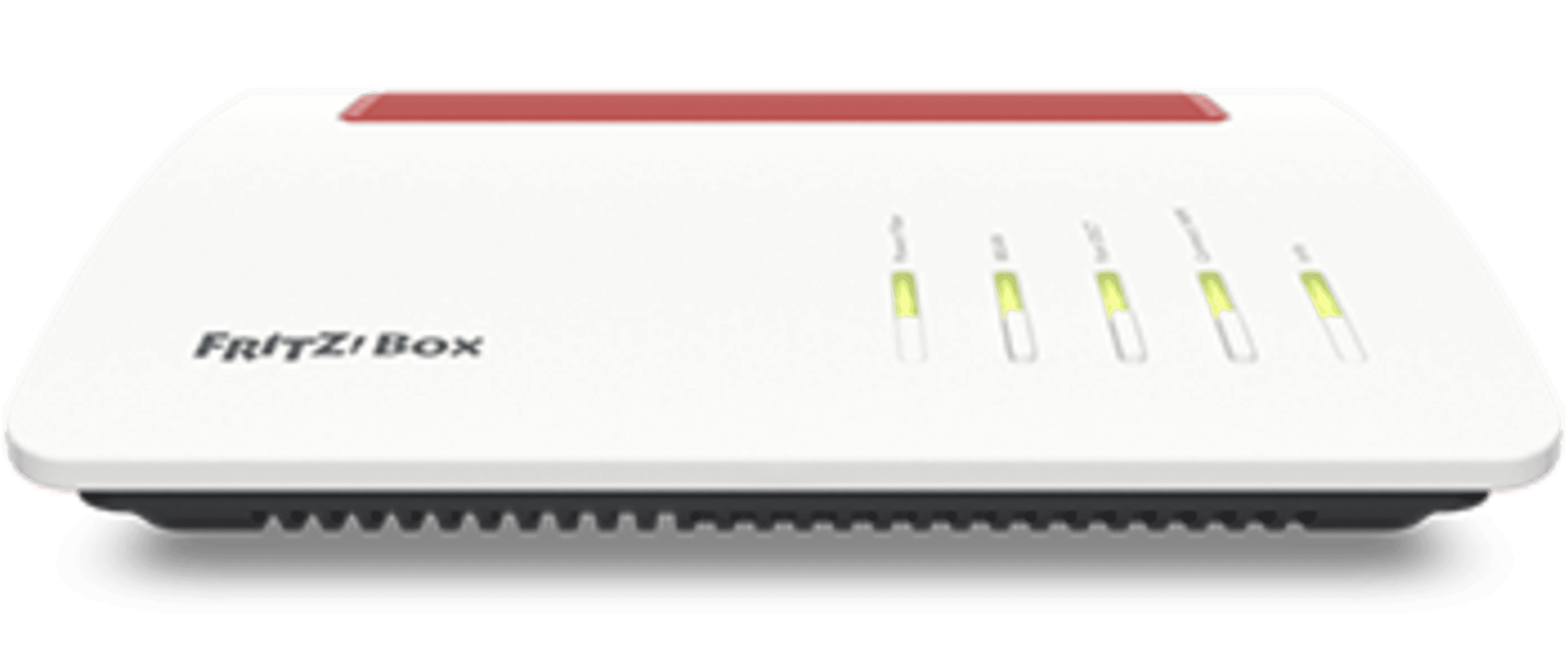 FRITZ!Box Router 5590 Weißer Fritz!Box Router mit rotem Streifen und vier Statusanzeigen auf der Vorderseite, „FRITZ!Box“-Schriftzug links.