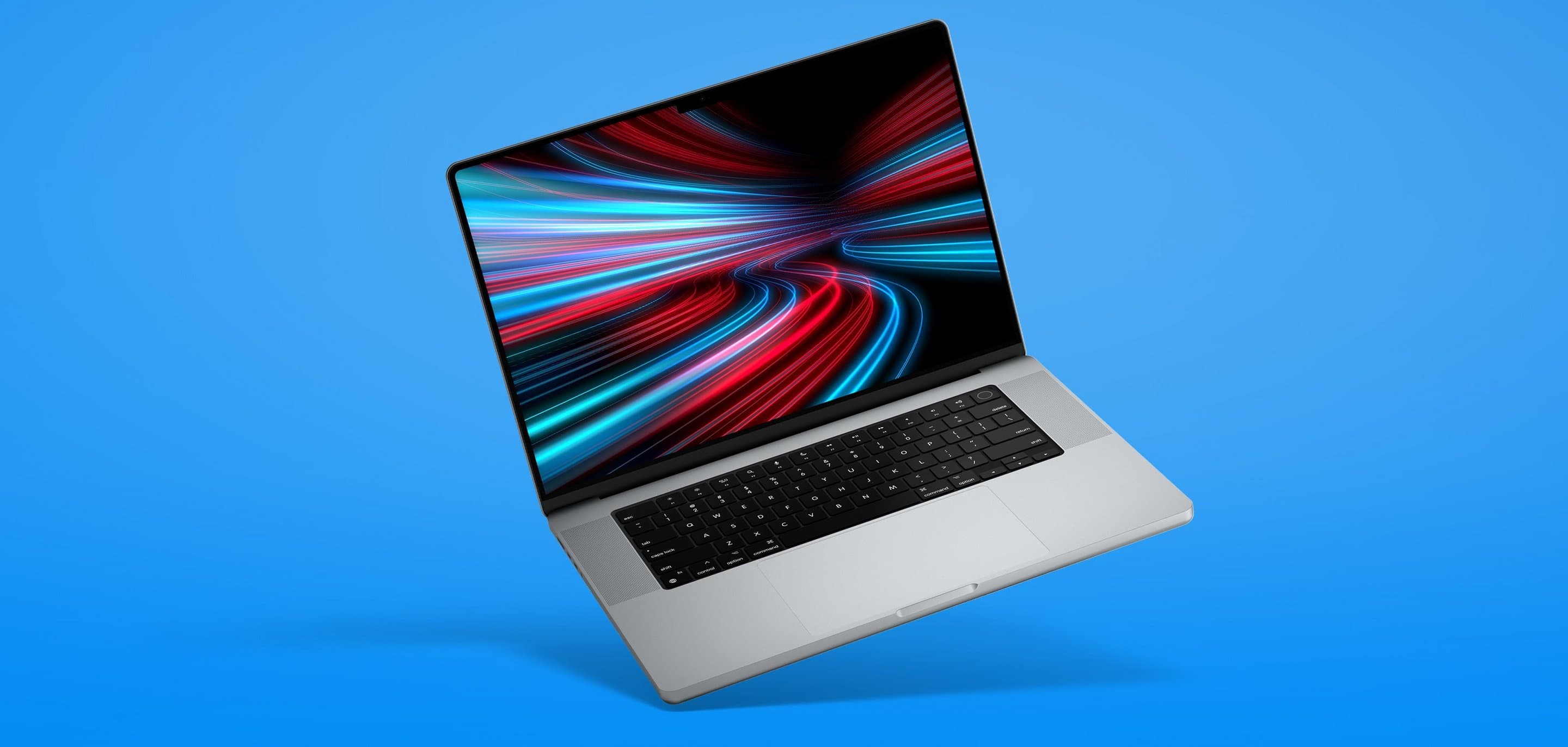 Kombipaket Internet Vor einem blauen Hintergrund steht ein silberner Laptop mit schwarzer Tastatur und einem Bildschirm, der ein abstraktes Lichtmuster in Rot, Blau und Weiß zeigt.