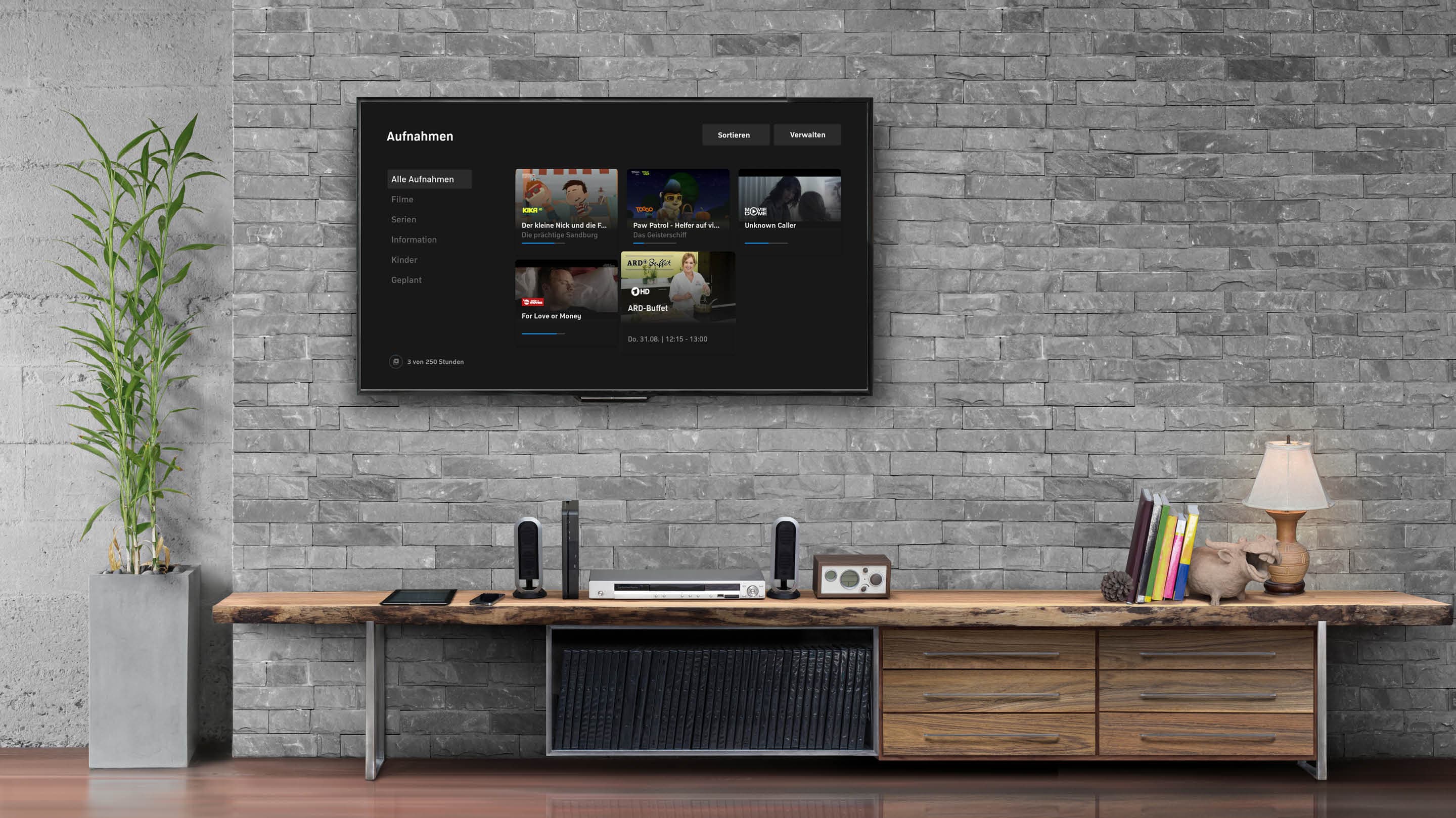 Fernseher an der Wand hängend auf dem zuvor aufgenommene Sendungen zu sehen sind