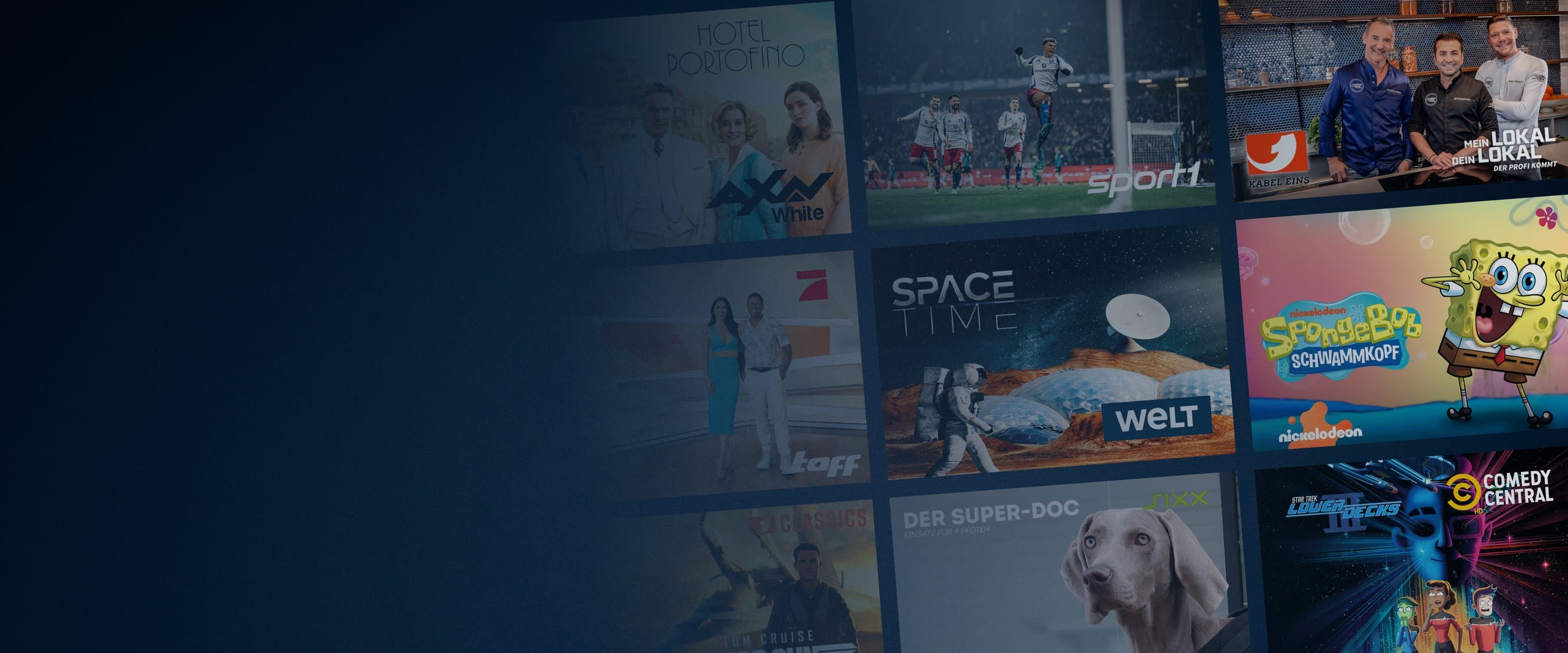 Internetfernsehen mit NetTV über Internet Blauer Farbverlauf hinter dem eine Collage mit verschiedenen Fernsehsendungen, wie z.B. Navy CIS, zu sehen ist