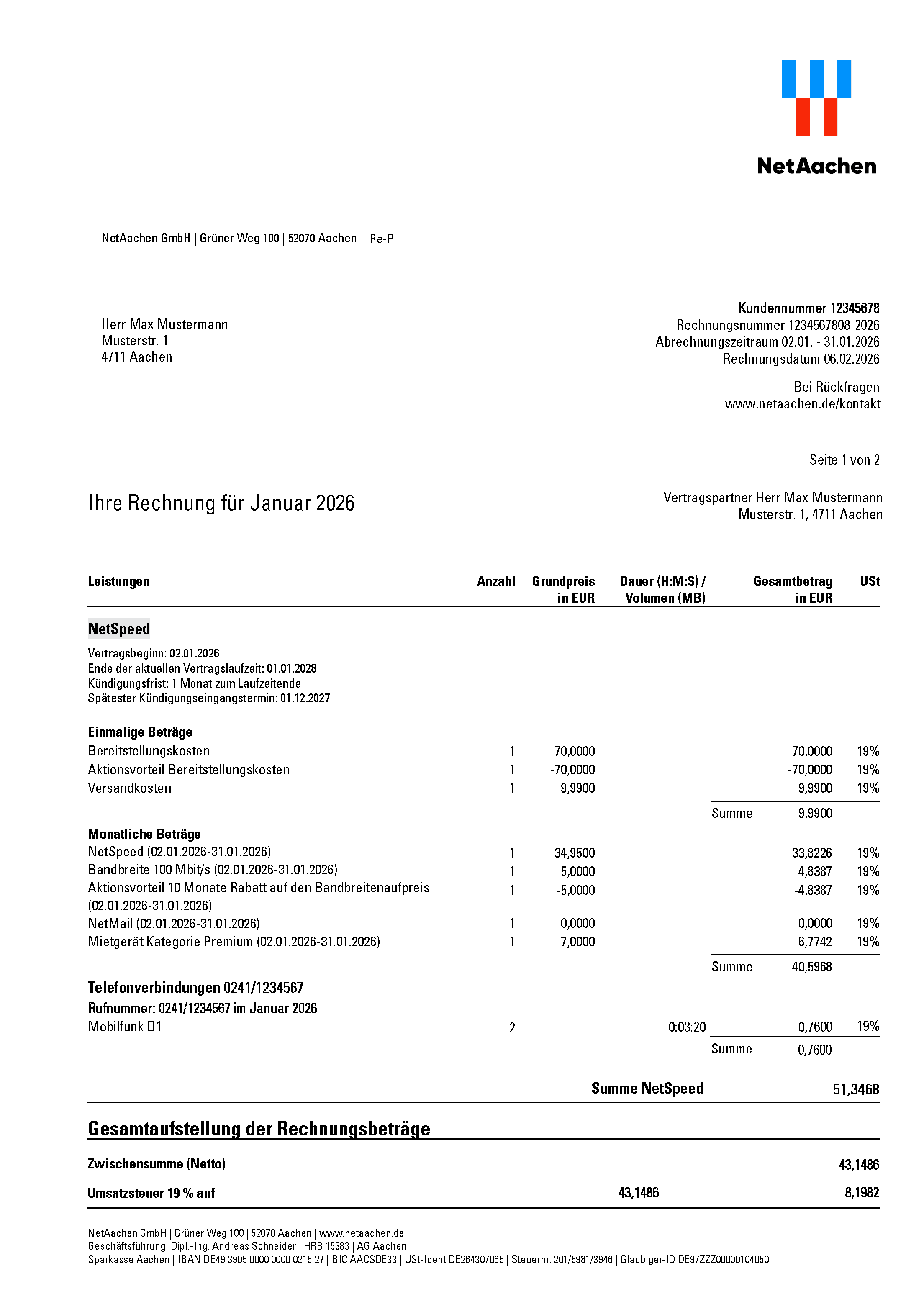 NetAachen Musterrechnung Seite 1