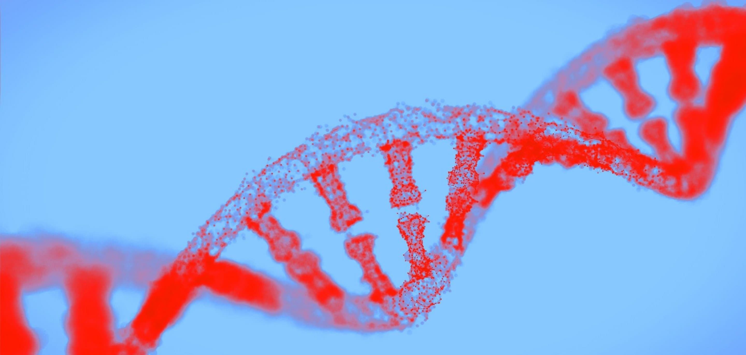 DNA-Struktur Darstellung einer DNA-Doppelhelix aus roten Partikeln vor hellblauem Hintergrund.