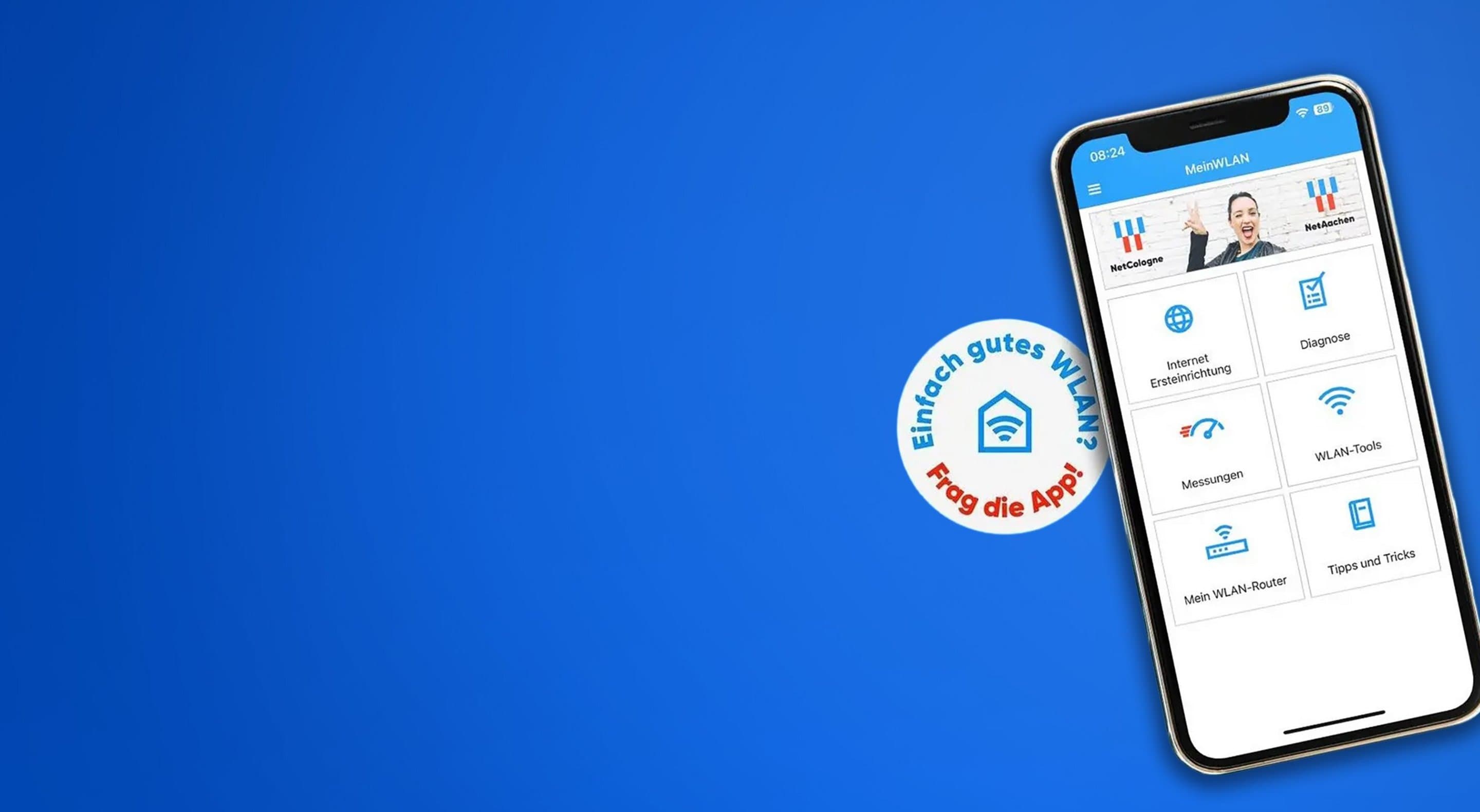 Hellblauer Hintergrund auf dem ein Smartphone mit der MeinWLAN App zu sehen ist